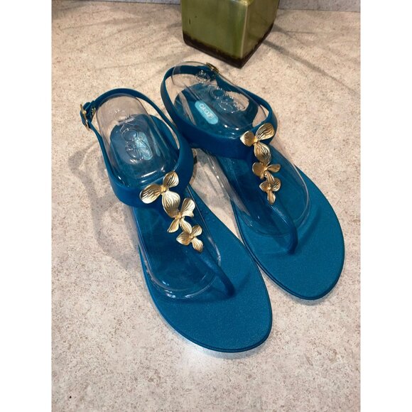 New Oka.B Ladies Slingback Sandals Teal with Gold Accents Size 10 - Picture 2 of 5